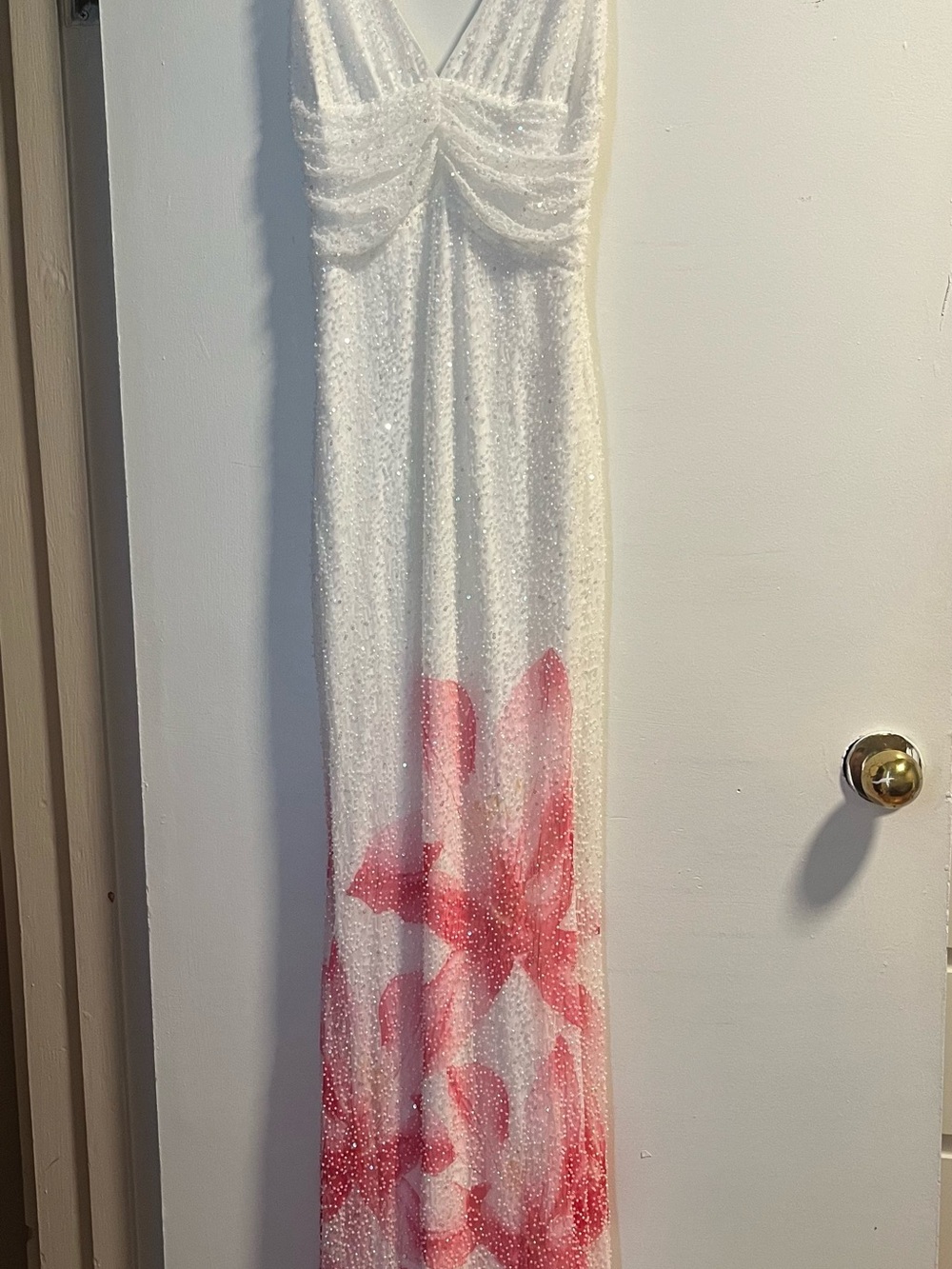 Beaded White Maxi Dress with Pink Floral